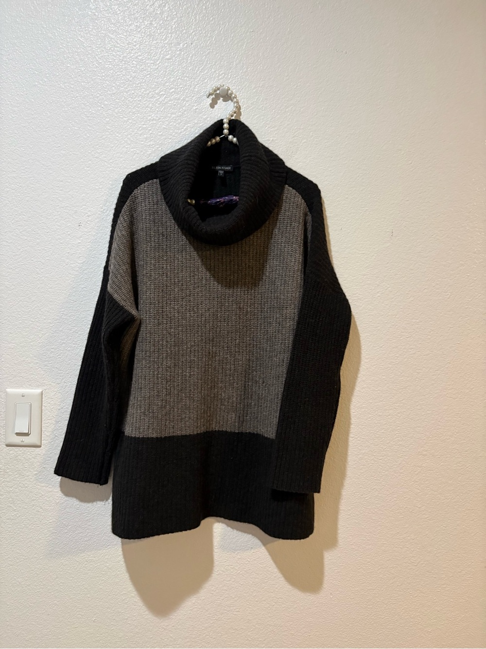 Eileen Fisher Medium Yak & Wool Black & Gray Colorblock Cowl Neck Sweater